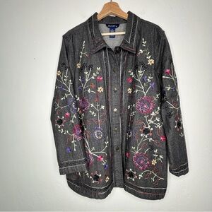 Denim & Co Embroidered Long Grey Denim Jacket Size 1X EUC